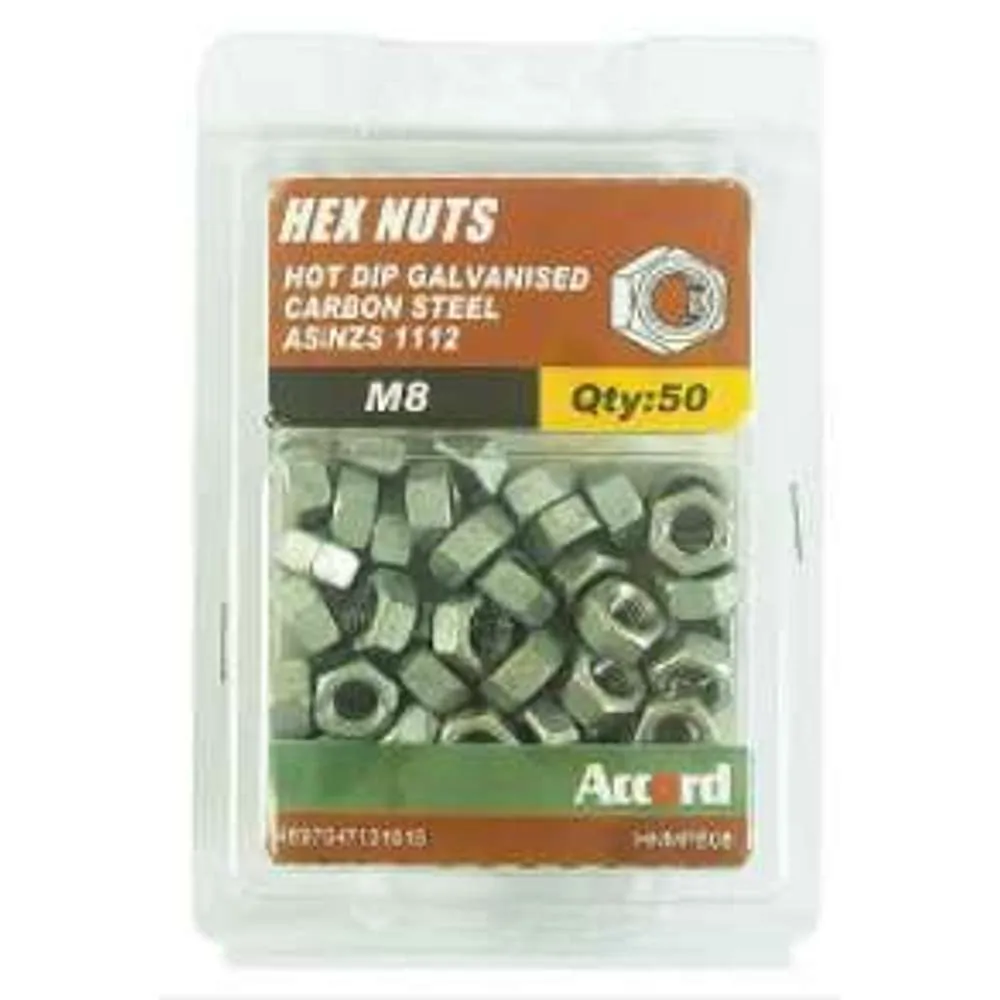 Accord Nuts Hex Galv M8 (50pk)
