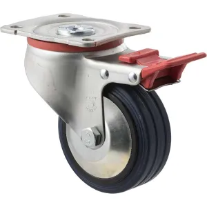 Fallshaw J-Castor 100 x 32mm Blue Rubber Roller Bearing Swivel Plate Brake 150kg