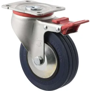 Fallshaw J-Castor 125 x 32mm Blue Rubber Roller Bearing Swivel Brake 180kg