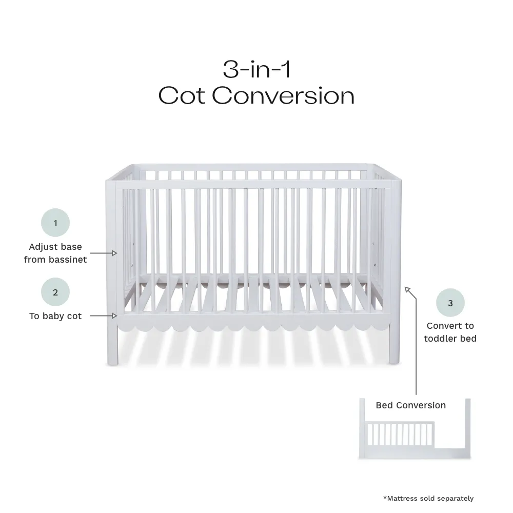 Maisie Scalloped White 3-in-1 Cot Conversion Bundle Mocka