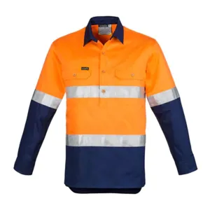 Syzmik Mens Hi Vis Shirt Hoop Taped L/S 100% Cotton Twill 170gsm Orange/Navy IND M