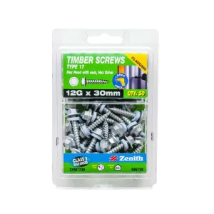 Zenith Timber Screw Type 17 Hex w/ Seal 12G x 30mm (50pk)