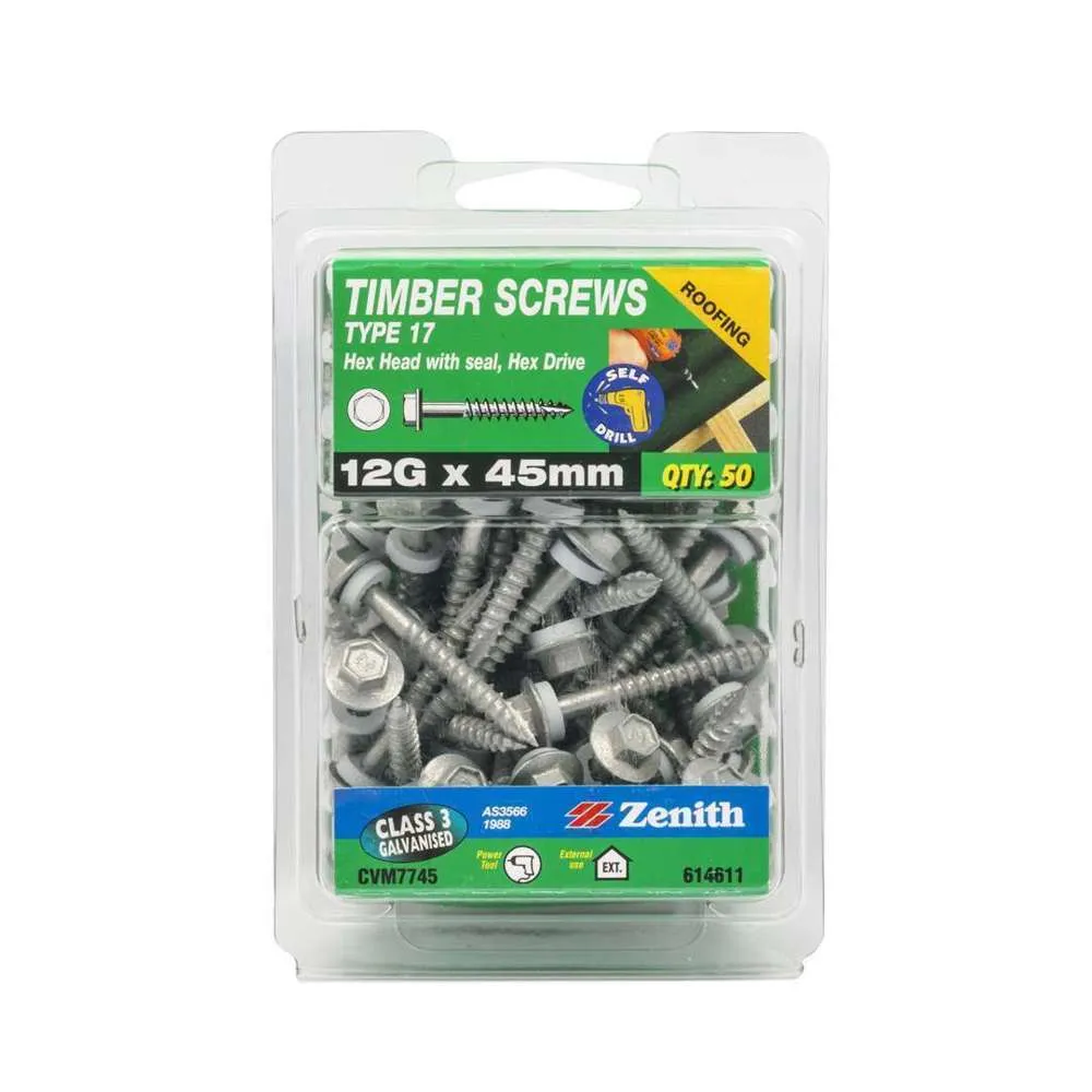 Zenith Timber Screw Type 17 Hex w/ Seal 12G x 45mm (50pk)