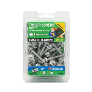 Zenith Timber Screw Type 17 Hex w/ Seal 12G x 45mm (50pk)