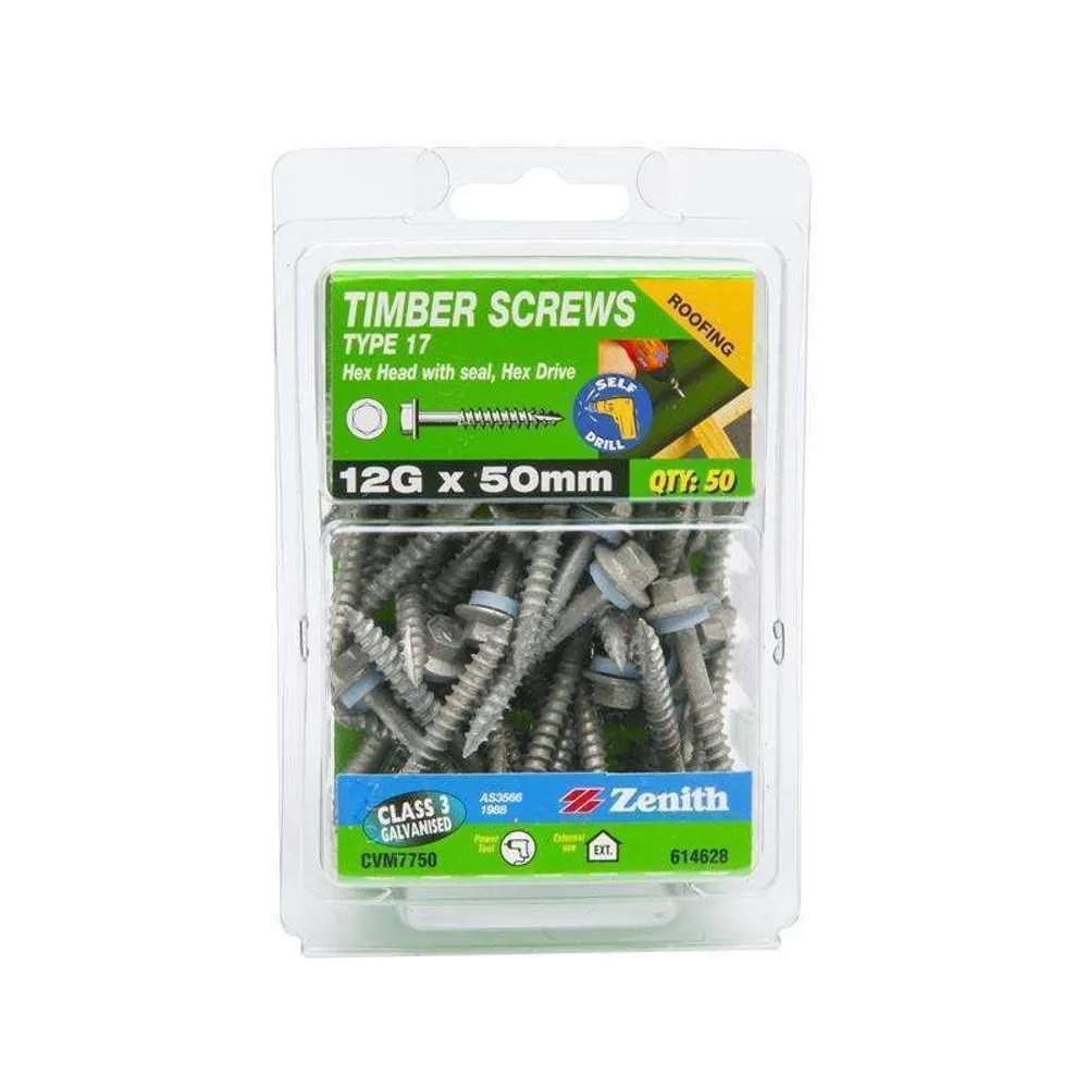 Zenith Timber Screw Type 17 Hex w/ Seal 12G x 50mm